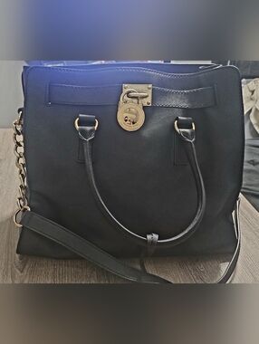 Michael Kors Hamilton Saffiano Leather Medium Satchel Black/Gold w/dust bag/COA